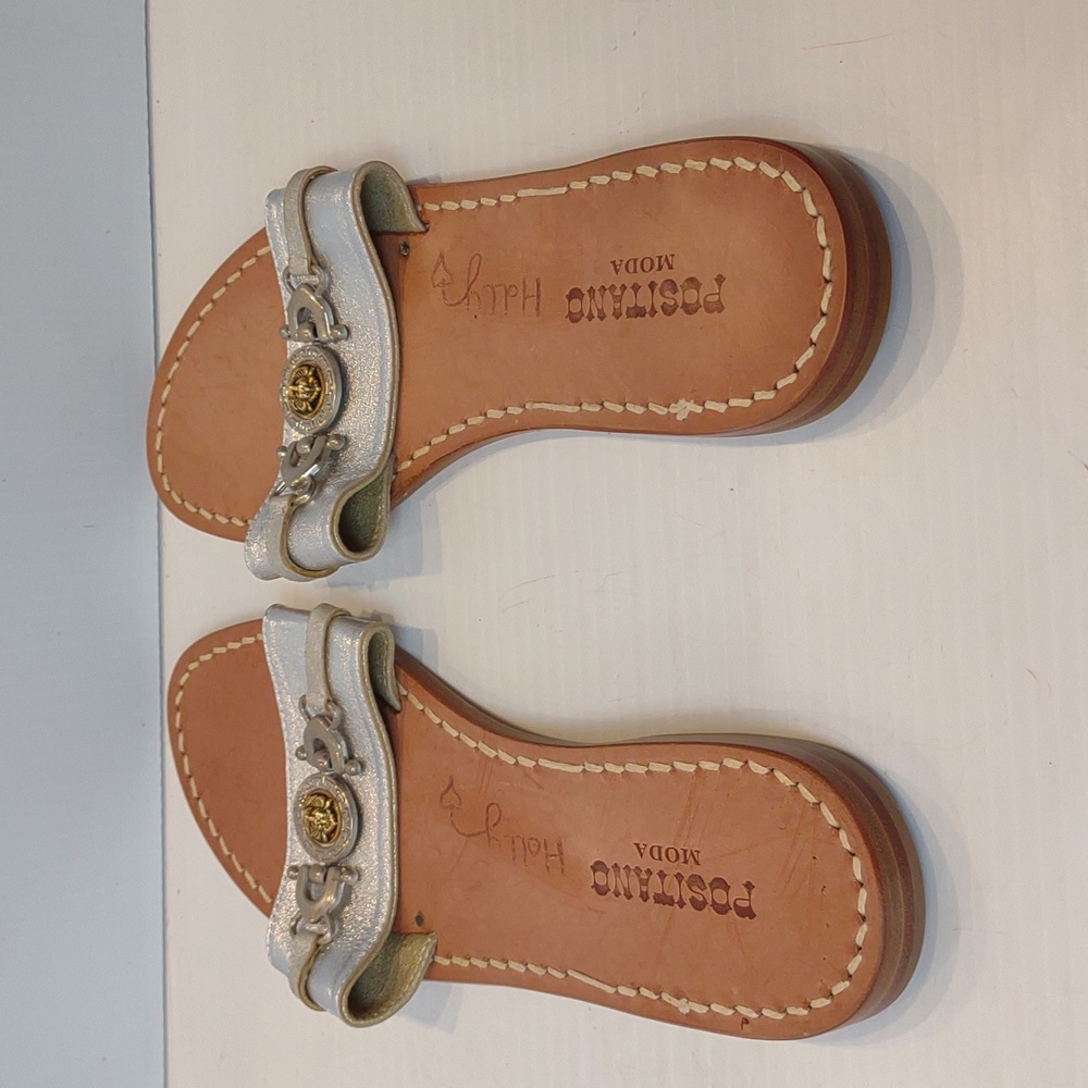 Italian Handmade Positano Moda All Leather Slides Lion Medallion Silvery Vamp - Picture 6 of 10